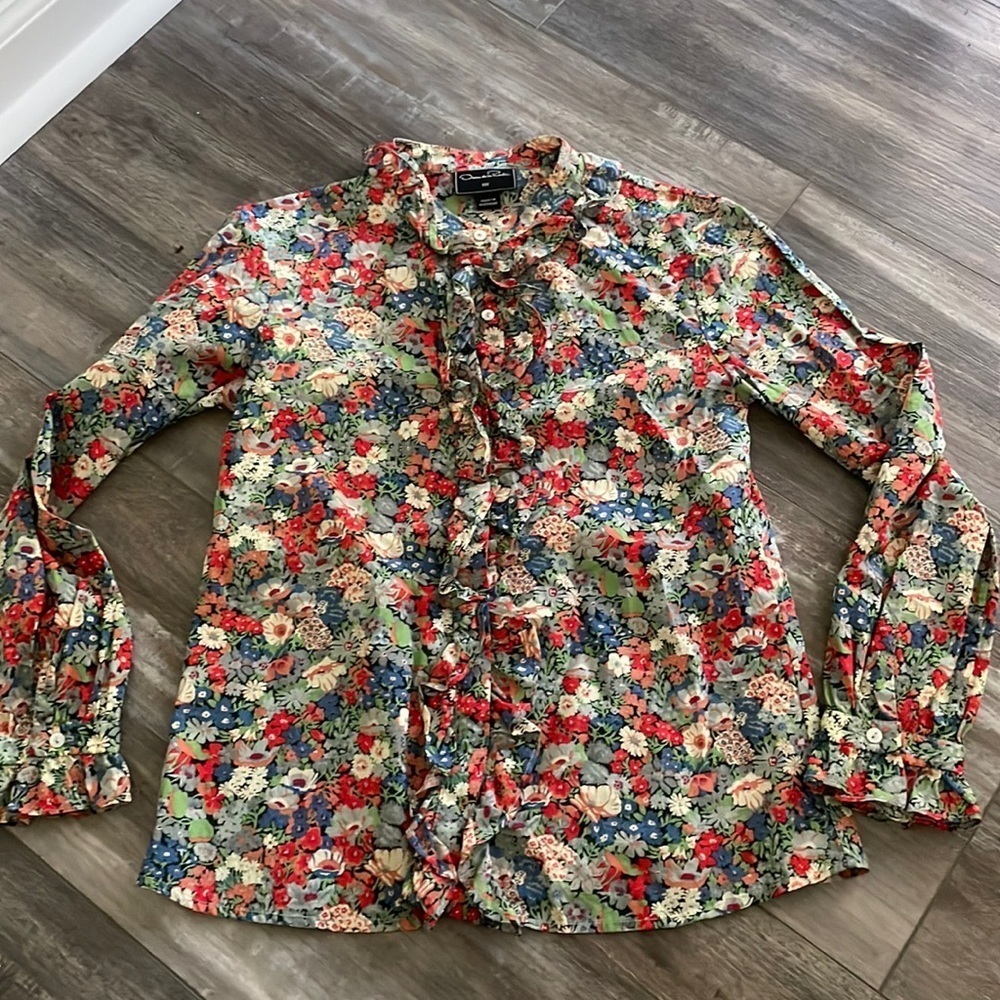 Oscar de La Renta Girls’ Floral Print Ruffle-Accented Top size 10